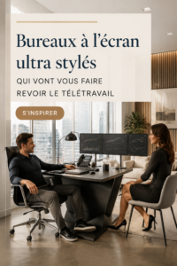 Bureau moderne et stylé aménagé pour le télétravail avec des objets décoratifs et une bonne luminosité.