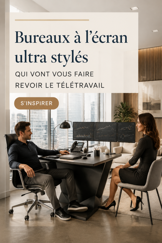 Bureau moderne et stylé aménagé pour le télétravail avec des objets décoratifs et une bonne luminosité.