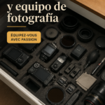 Un ensemble d'accessoires de photographie étalés sur une table, montrant des objectifs, un trépied et des filtres.