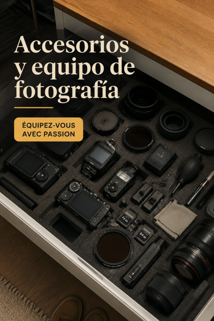 Un ensemble d'accessoires de photographie étalés sur une table, montrant des objectifs, un trépied et des filtres.