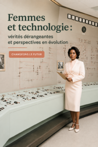 Une femme souriante travaillant sur une interface technologique.