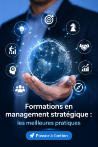 Illustration d'une femme en train de suivre une formation en gestion stratégique, représentant le thème de la montée en compétences.