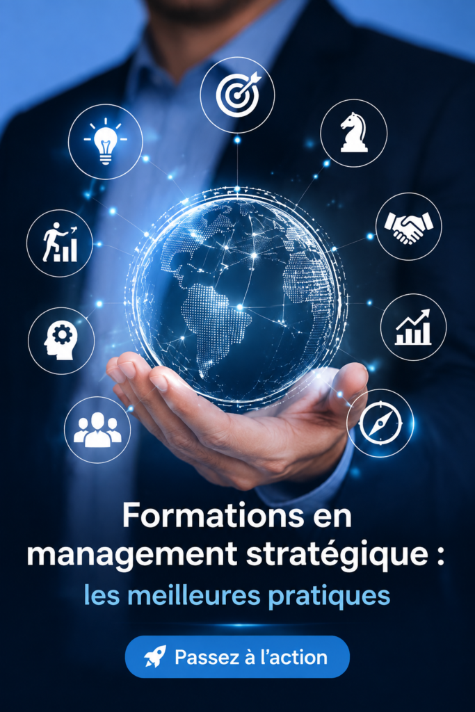 Illustration d'une femme en train de suivre une formation en gestion stratégique, représentant le thème de la montée en compétences.