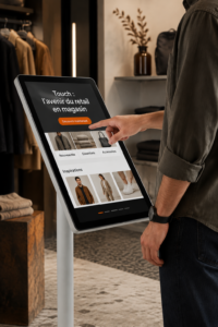 Une cliente utilisant un écran tactile dans un magasin moderne, représentant les nouvelles technologies du commerce