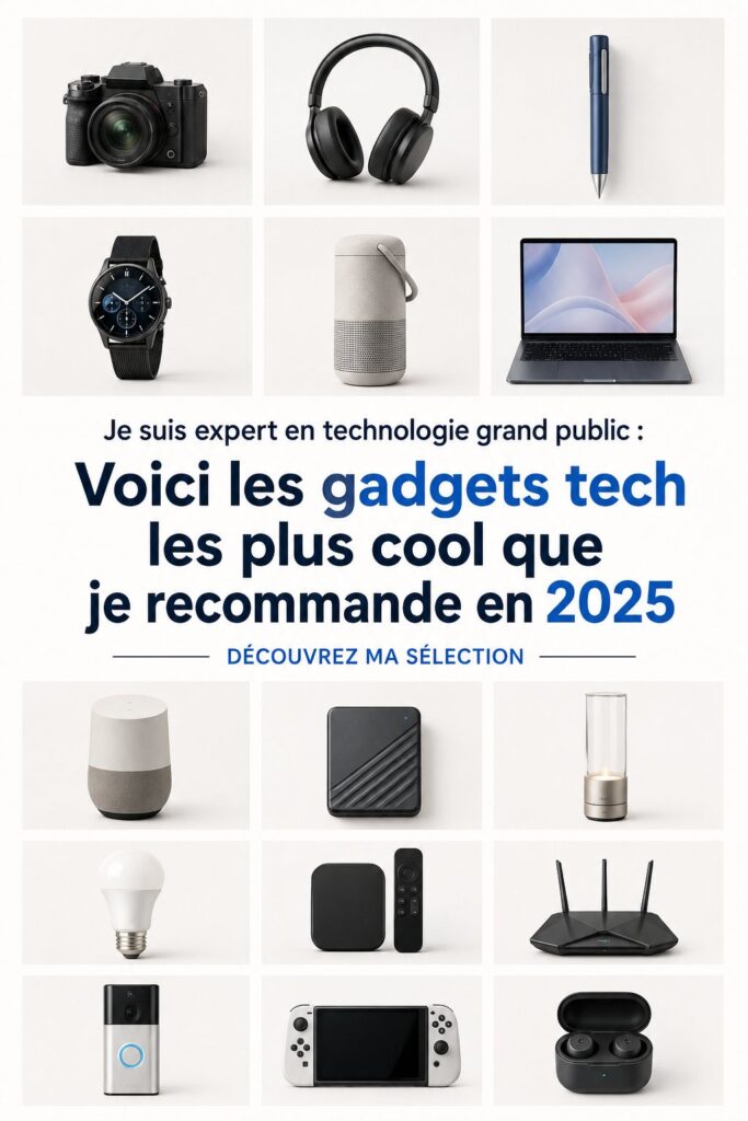Gadgets tech innovants pour 2025 présentés sur un fond moderne.