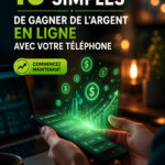 Femme utilisant son téléphone pour gagner de l'argent en ligne, entourée d'objets de travail productif.