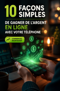 Femme utilisant son téléphone pour gagner de l'argent en ligne, entourée d'objets de travail productif.