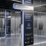 Un exemple de signalétique interactive moderne dans un lieu public, illustrant l'innovation technologique.