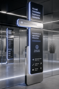 Un exemple de signalétique interactive moderne dans un lieu public, illustrant l'innovation technologique.