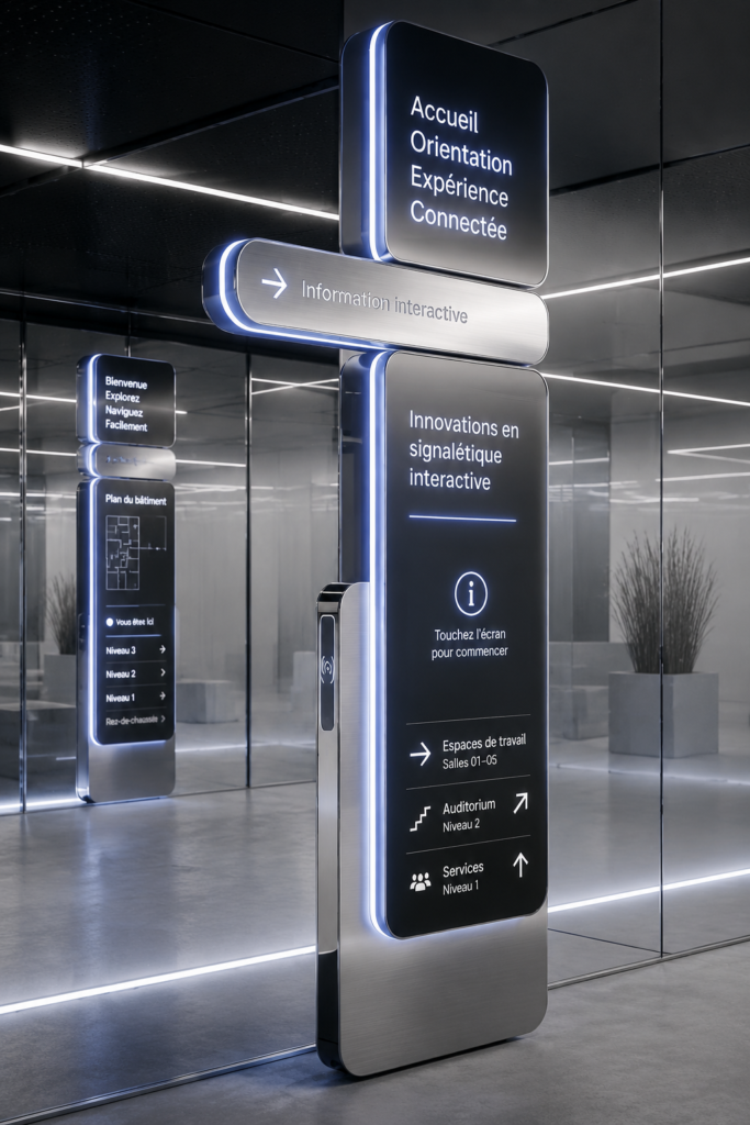 Un exemple de signalétique interactive moderne dans un lieu public, illustrant l'innovation technologique.