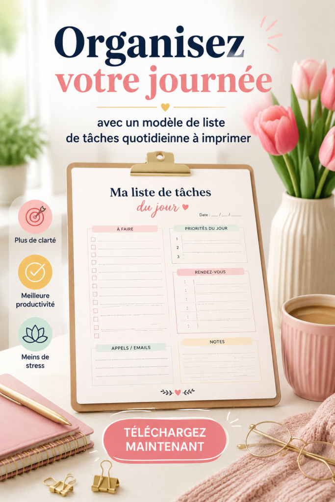 Modèle imprimable de liste de tâches sur un bureau en bois.