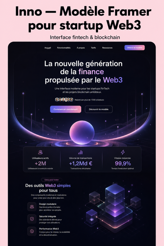 Template Framer pour startup dans le secteur fintech, design moderne et inspirant.