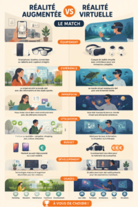 Femme utilisant des lunettes de réalité augmentée pour explorer un environnement virtuel.