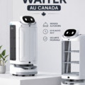 Un robot serveur élégant dans un restaurant canadien, servi une table avec des plats