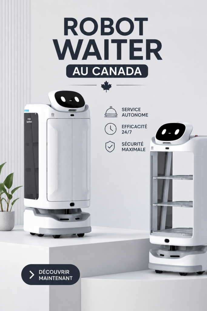 Un robot serveur élégant dans un restaurant canadien, servi une table avec des plats