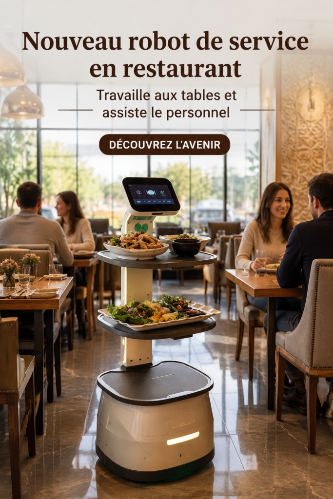 Un robot serveur apportant des plats dans un restaurant moderne.