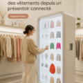 Une femme choisit des vêtements devant un écran interactif, illustrant l'utilisation de l'IA dans le shopping.