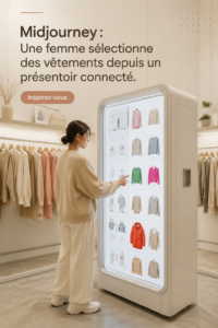 Une femme choisit des vêtements devant un écran interactif, illustrant l'utilisation de l'IA dans le shopping.