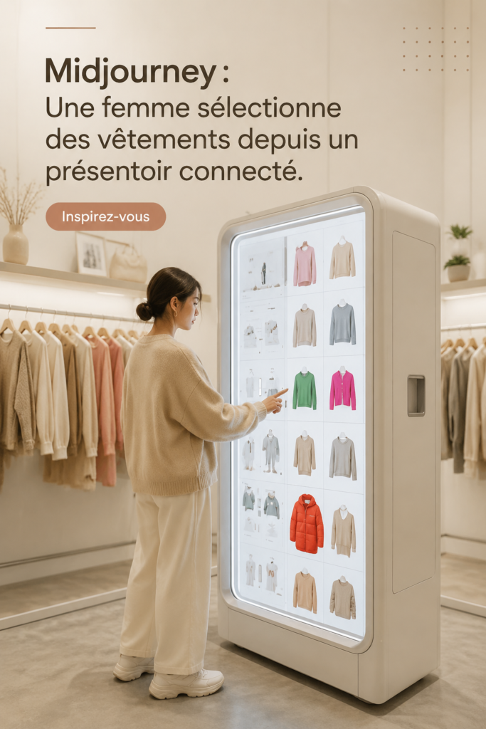 Une femme choisit des vêtements devant un écran interactif, illustrant l'utilisation de l'IA dans le shopping.