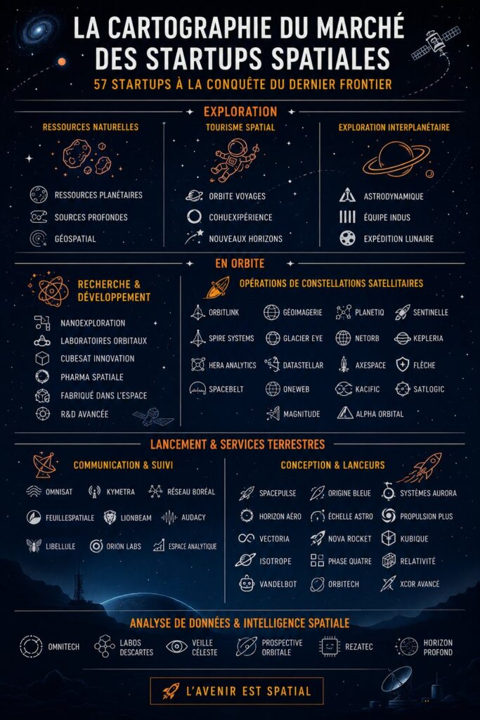 Une image montrant plusieurs startups innovantes dans le secteur de la technologie spatiale.