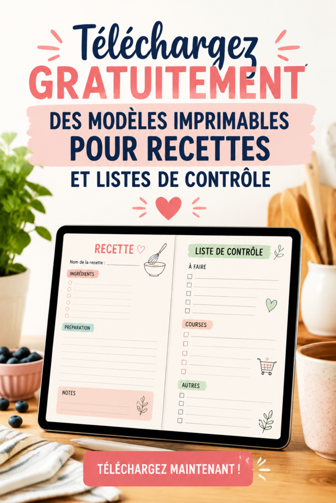 Modèles de recettes et check-lists pour iPad sur une table de cuisine