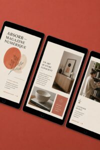 Un aperçu du magazine digital Absorb sur une tablette, illustrant des outils d'apprentissage innovants.