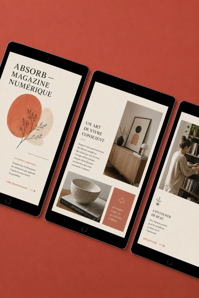 Un aperçu du magazine digital Absorb sur une tablette, illustrant des outils d'apprentissage innovants.