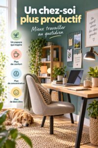 Femme utilisant un ordinateur dans un bureau à domicile chaleureux et bien agencé.