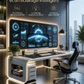 Un bureau moderne avec plusieurs écrans et un éclairage intelligent, montrant un espace de travail inspirant
