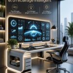 Un bureau moderne avec plusieurs écrans et un éclairage intelligent, montrant un espace de travail inspirant