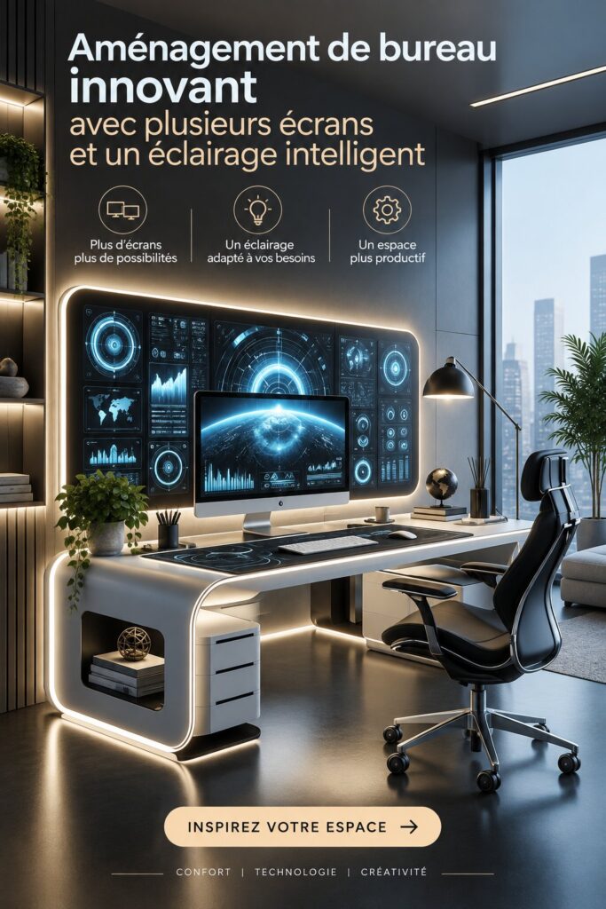 Un bureau moderne avec plusieurs écrans et un éclairage intelligent, montrant un espace de travail inspirant
