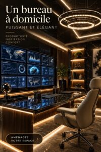 Bureau à domicile moderne avec des écrans haute résolution, un environnement agréable et fonctionnel.