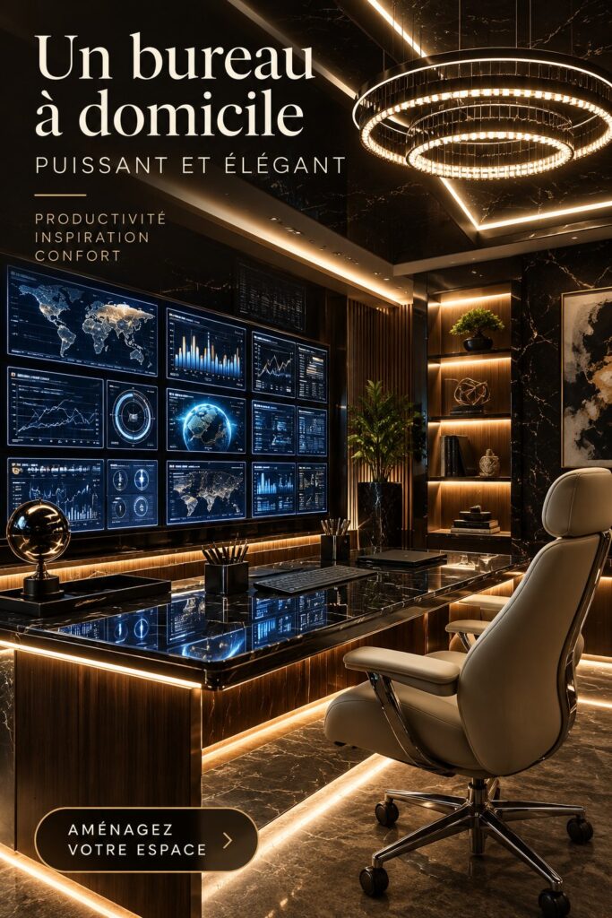 Bureau à domicile moderne avec des écrans haute résolution, un environnement agréable et fonctionnel.