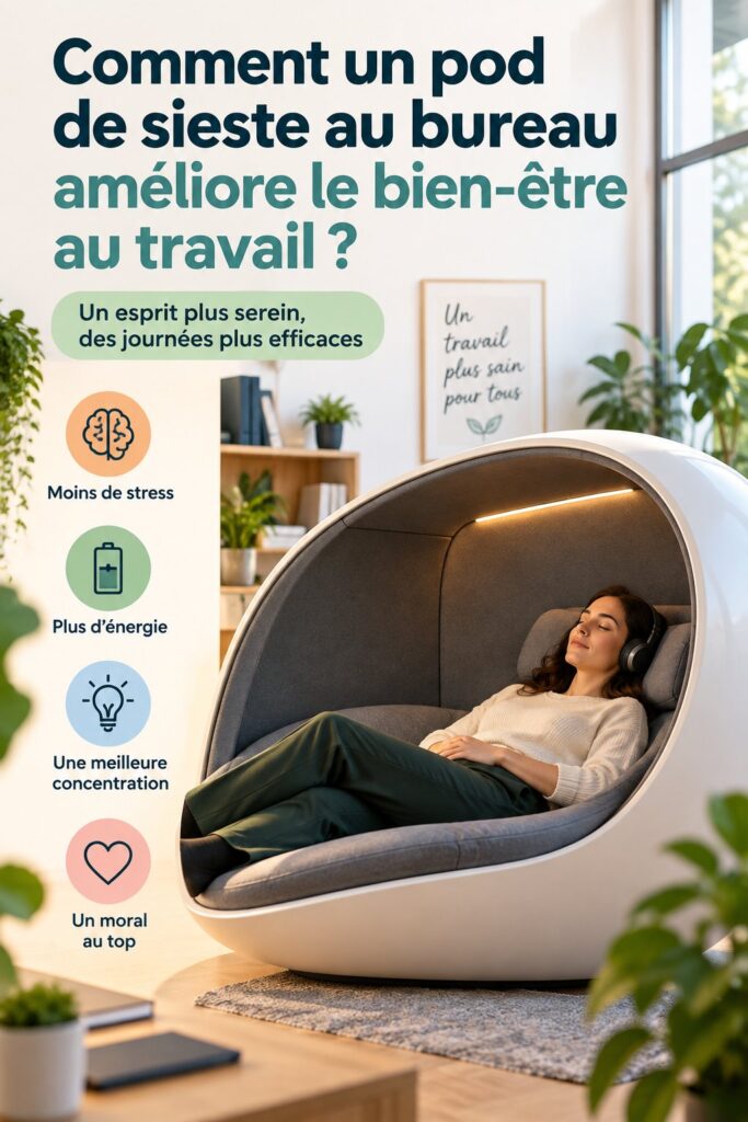 Un pod de sieste confortable installé dans un bureau moderne, symbole de bien-être au travail.
