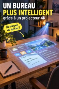 Bureau moderne avec un projecteur 4K transformant l'espace de travail en hub digital
