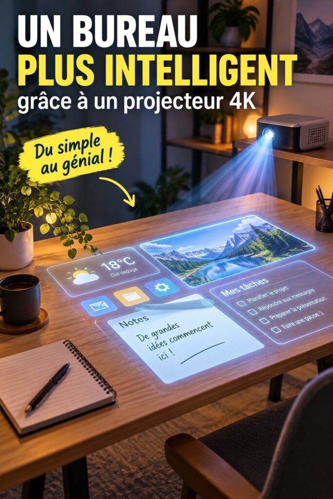 Bureau moderne avec un projecteur 4K transformant l'espace de travail en hub digital