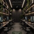 Bureau moody avec des éléments décoratifs sombres et des plantes vertes
