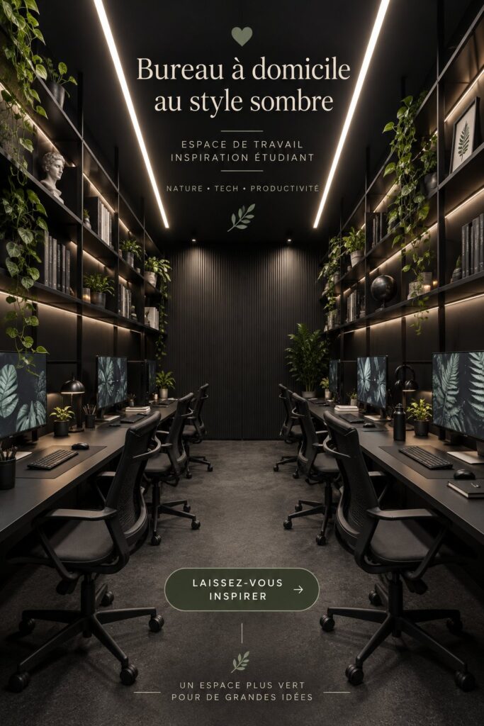 Bureau moody avec des éléments décoratifs sombres et des plantes vertes
