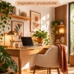Un bureau de cabine douillet avec un éclairage doux et des plantes, parfait pour le télétravail.