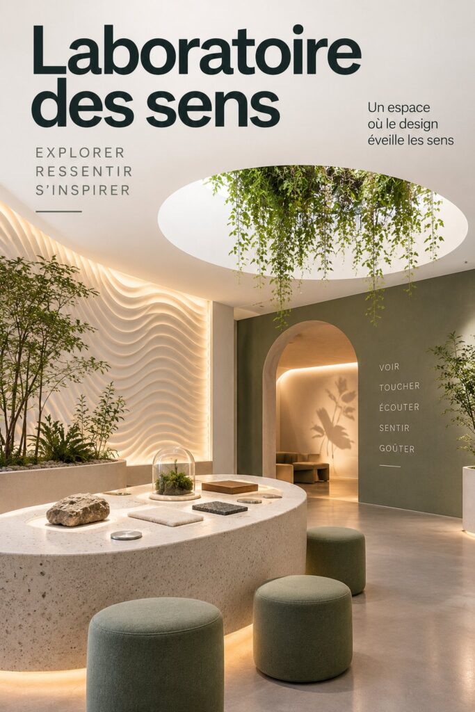Un café moderne avec un design sensoriel alliant confort et esthétique.