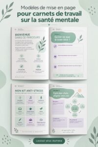 Un cahier de santé mentale ouvert sur une table avec une mise en page inspirante
