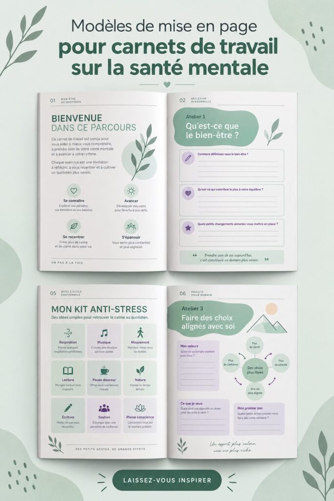 Un cahier de santé mentale ouvert sur une table avec une mise en page inspirante