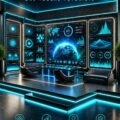 Un bureau moderne avec des éléments en carbone et éclairage LED futuriste, renforçant la productivité.