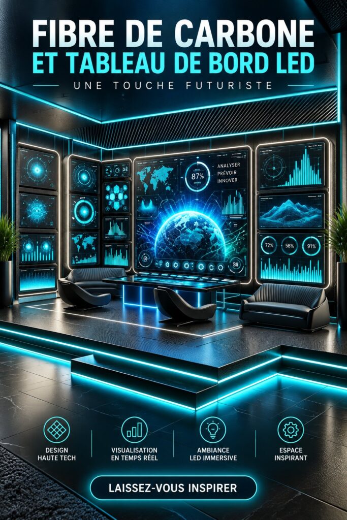 Un bureau moderne avec des éléments en carbone et éclairage LED futuriste, renforçant la productivité.