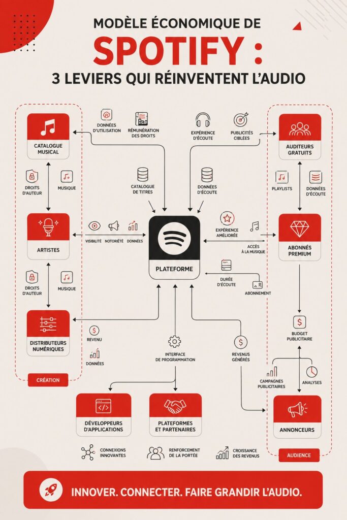 L'interface de Spotify montrant des playlists audio avec des titres populaires.
