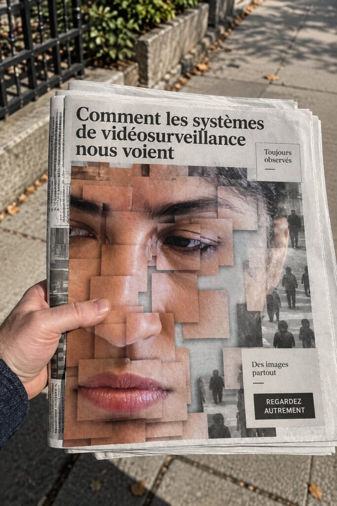 Femme discutant devant une caméra de vidéosurveillance dans un cadre urbain