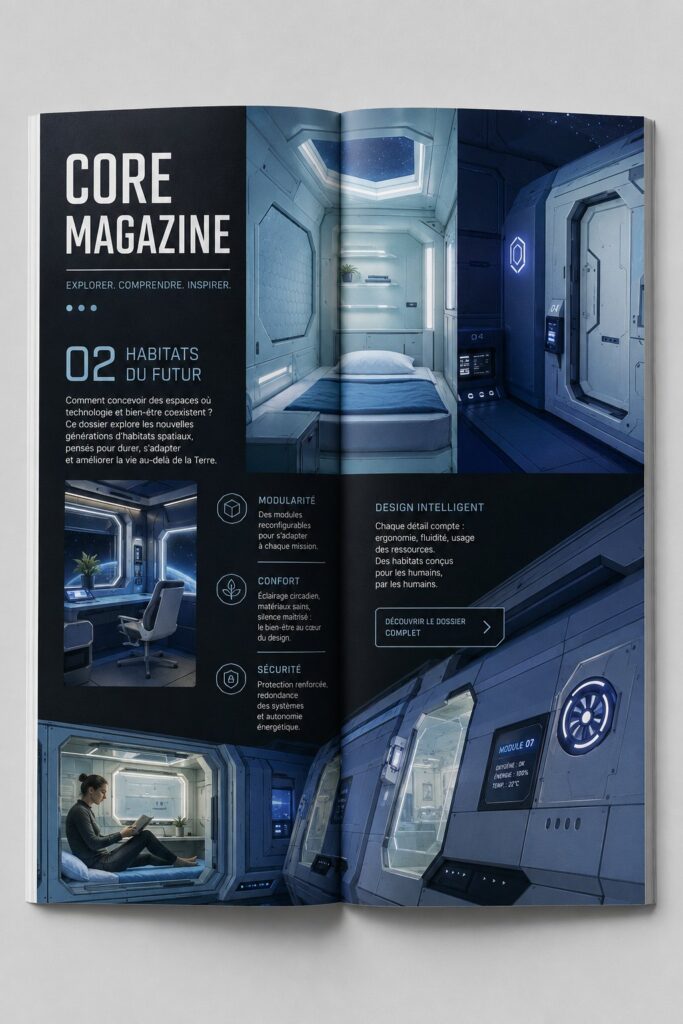 Une capture d'écran de Core Magazine montrant des créations artistiques numériques.