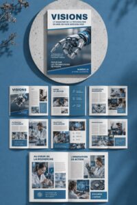 Un magazine élégant créé avec InDesign, illustrant des mises en page modernes