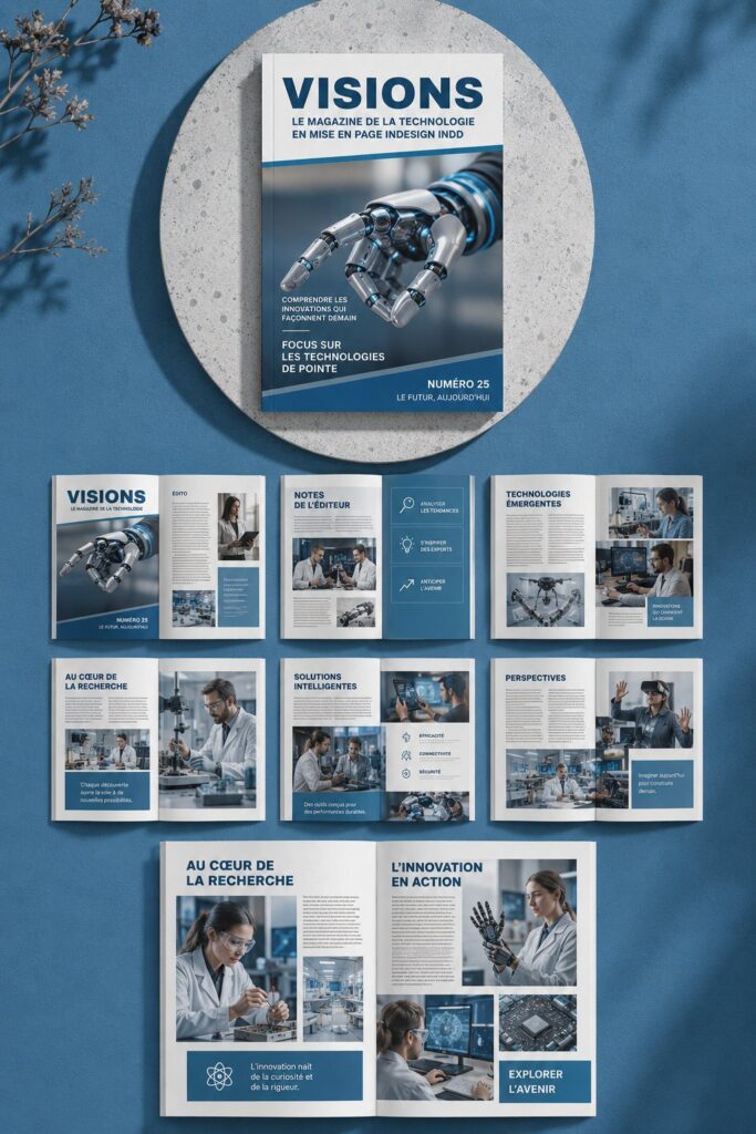 Un magazine élégant créé avec InDesign, illustrant des mises en page modernes