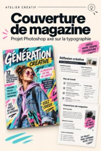 Couverture de magazine conçue avec Photoshop, mettant en avant des éléments typographiques modernes.